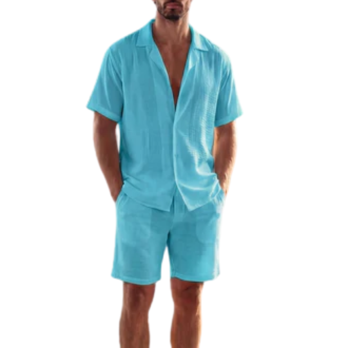 Ensemble en lin homme — chemise manches courtes et short — été et plage