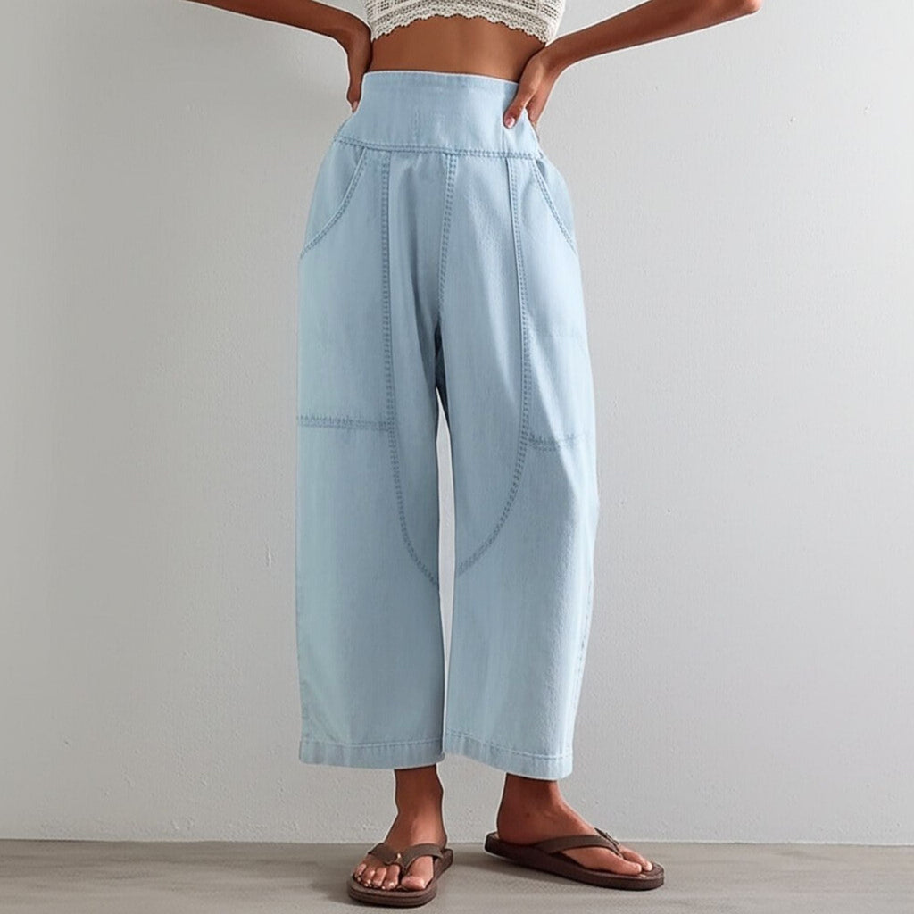 Pantalon en Coton et Lin Femme – Jambe Large et Ceinture Élastique