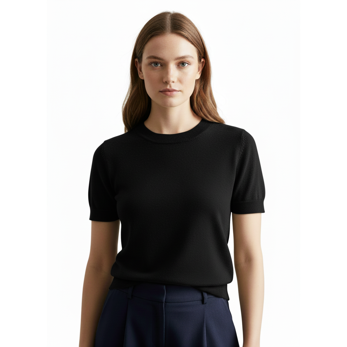 T-shirt en Maille Fine pour Femme à Col Rond et Manches Courtes Ajustées