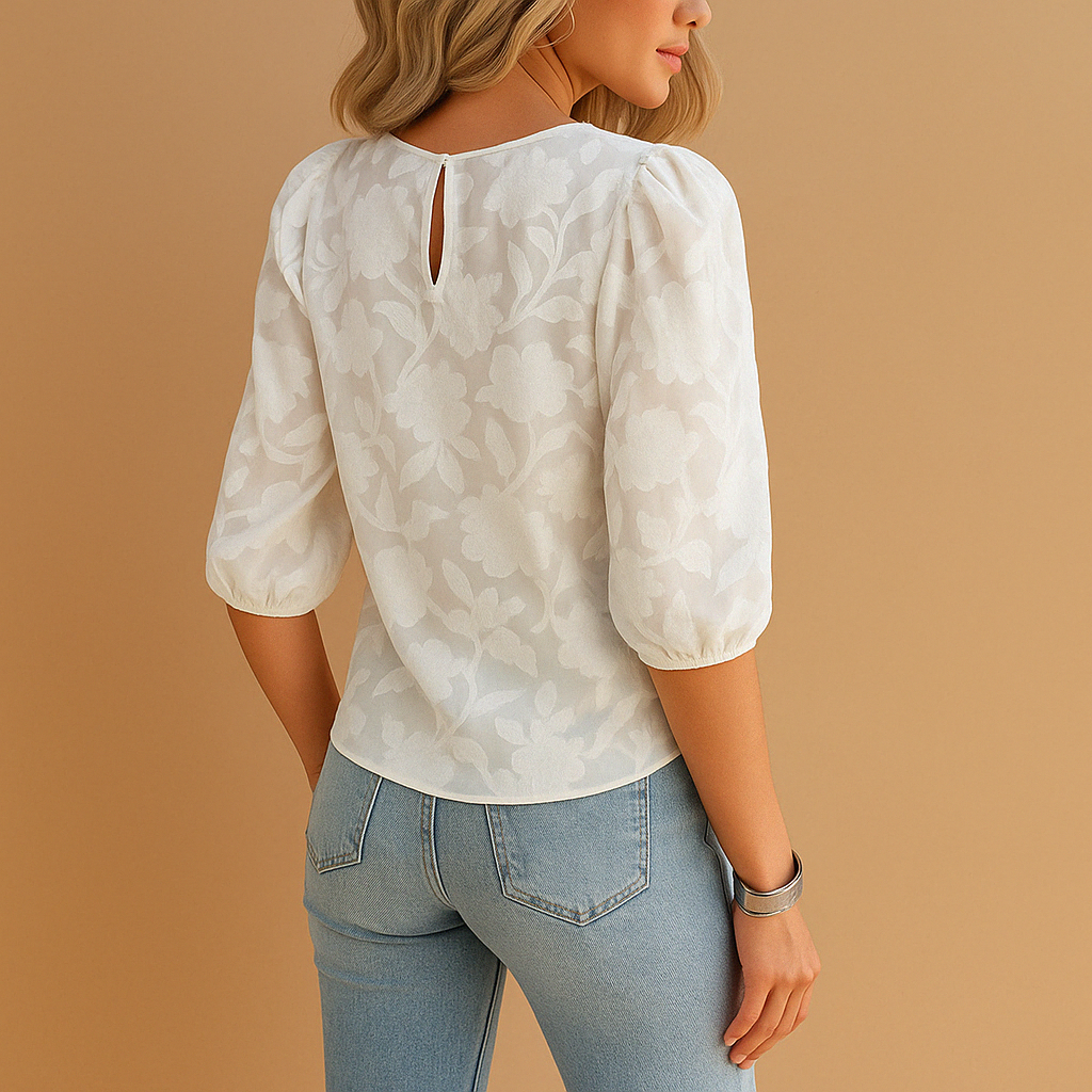 Haut femme col rond manches bouffantes floral