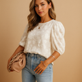 Haut femme col rond manches bouffantes floral