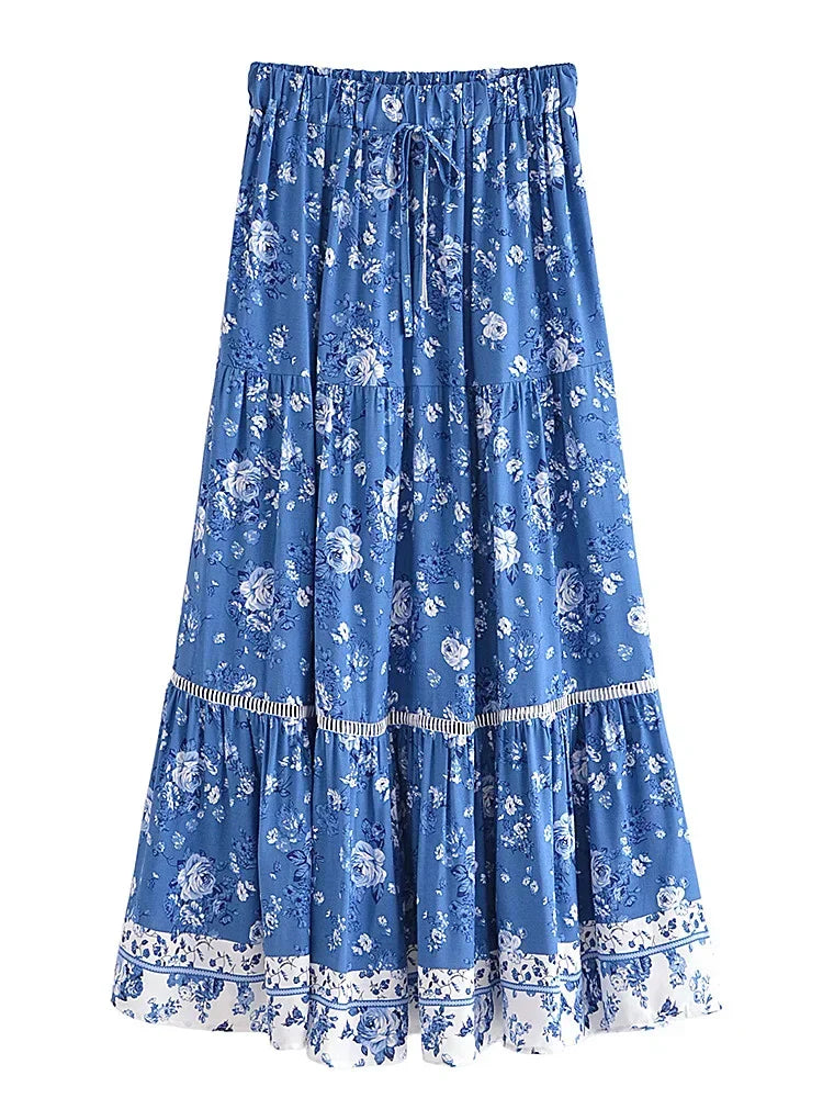 Jupe évasée pour femme - modèle mi-mollet plissé style bohème | festival