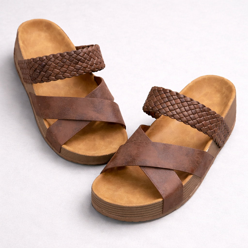 Mules Compensées À Lanières Croisées