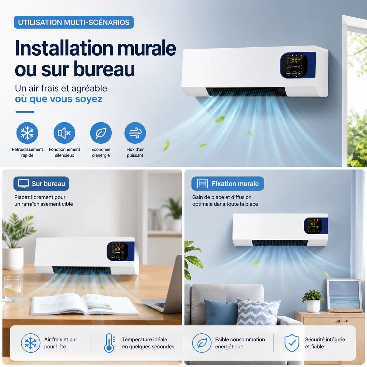 Appareil Mural Chauffage et Ventilation 2000 W avec Télécommande et 3 Vitesses