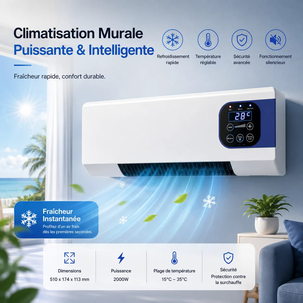 2000 W Wall-Mounted Electric Heater with Fan, Remote Control, and 3 Speeds