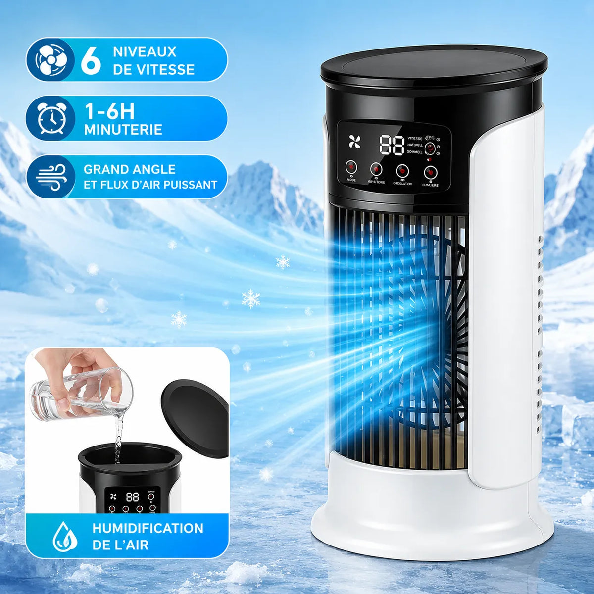 Mini Climatiseur Portable avec Brumisation, Éclairage LED et 6 Vitesses