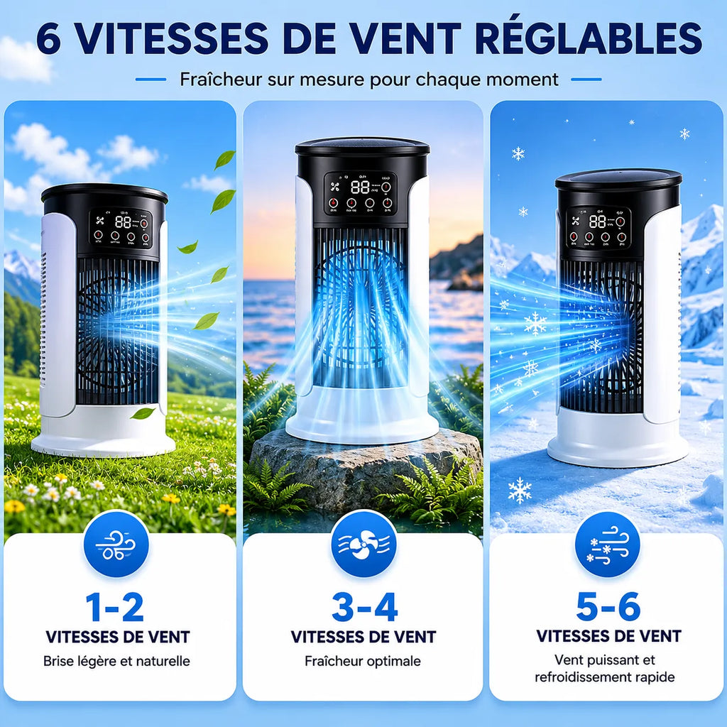 Rafraîchisseur d’Air Portable 3-en-1 avec Brumisation, LED et 6 Vitesses