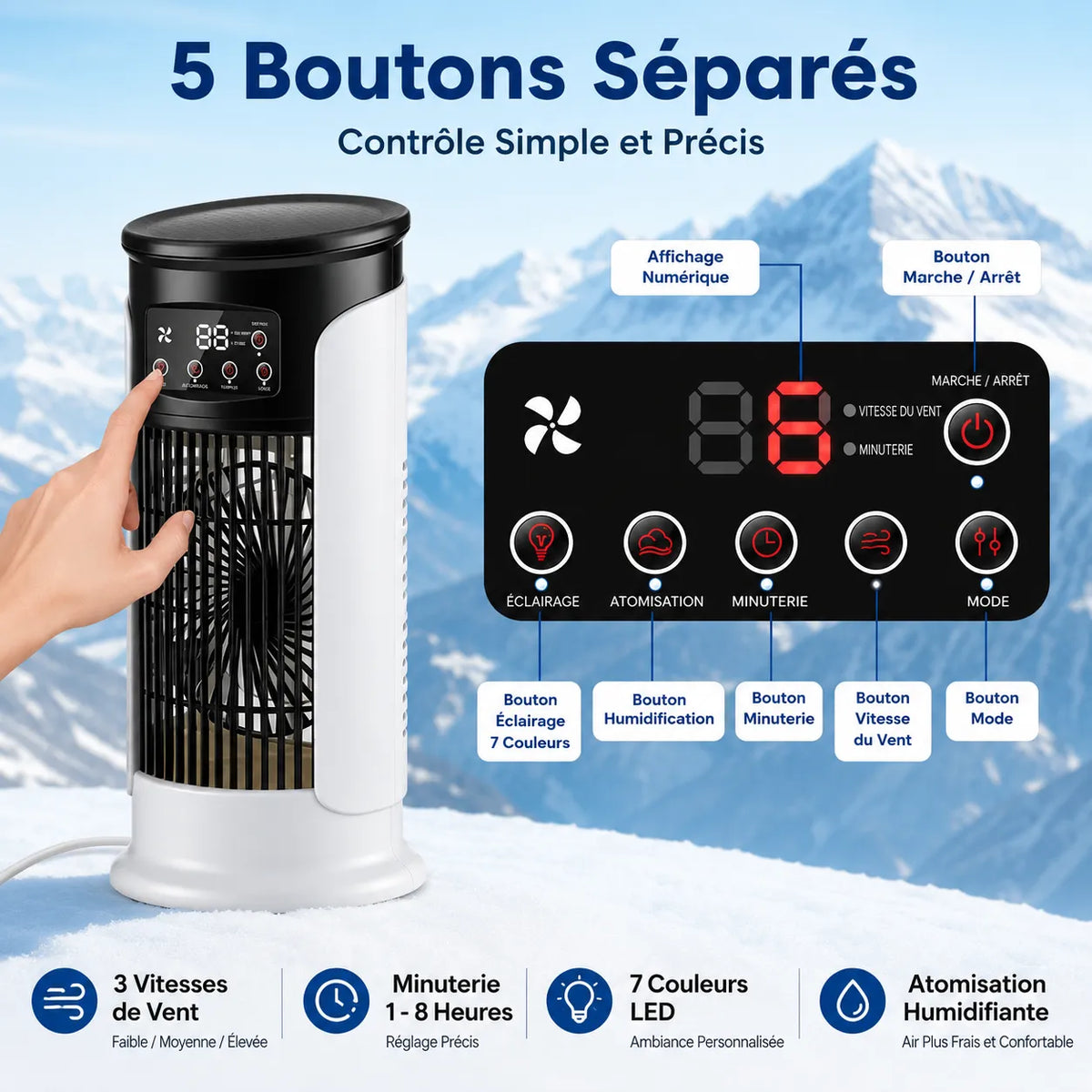 3-in-1 Portable Air Conditioner with Misting, 7-Color LED, and 6 Speeds