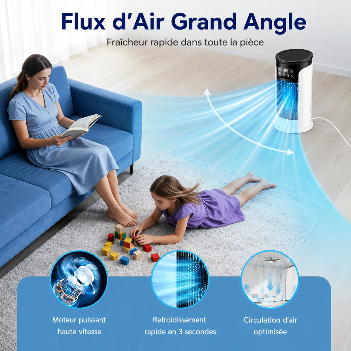Rafraîchisseur d’Air Portable 3-en-1 avec Brumisation, LED et 6 Vitesses