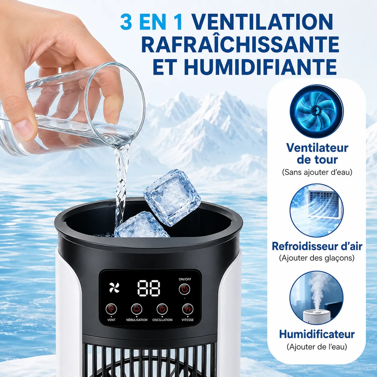 3-in-1 Portable Air Conditioner with Misting, 7-Color LED, and 6 Speeds