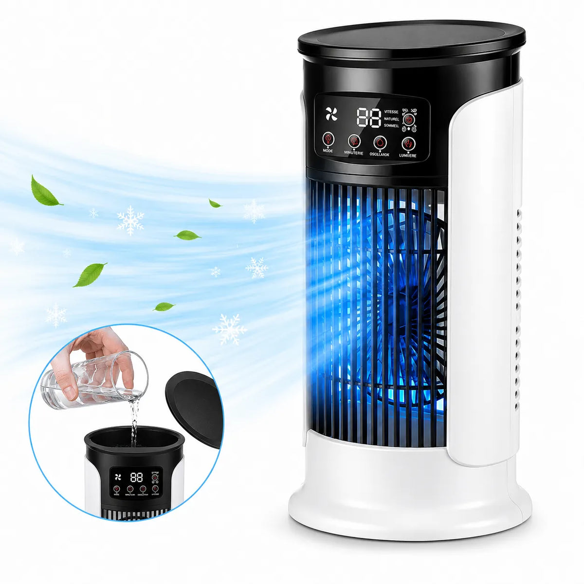 3-in-1 Portable Air Conditioner with Misting, 7-Color LED, and 6 Speeds