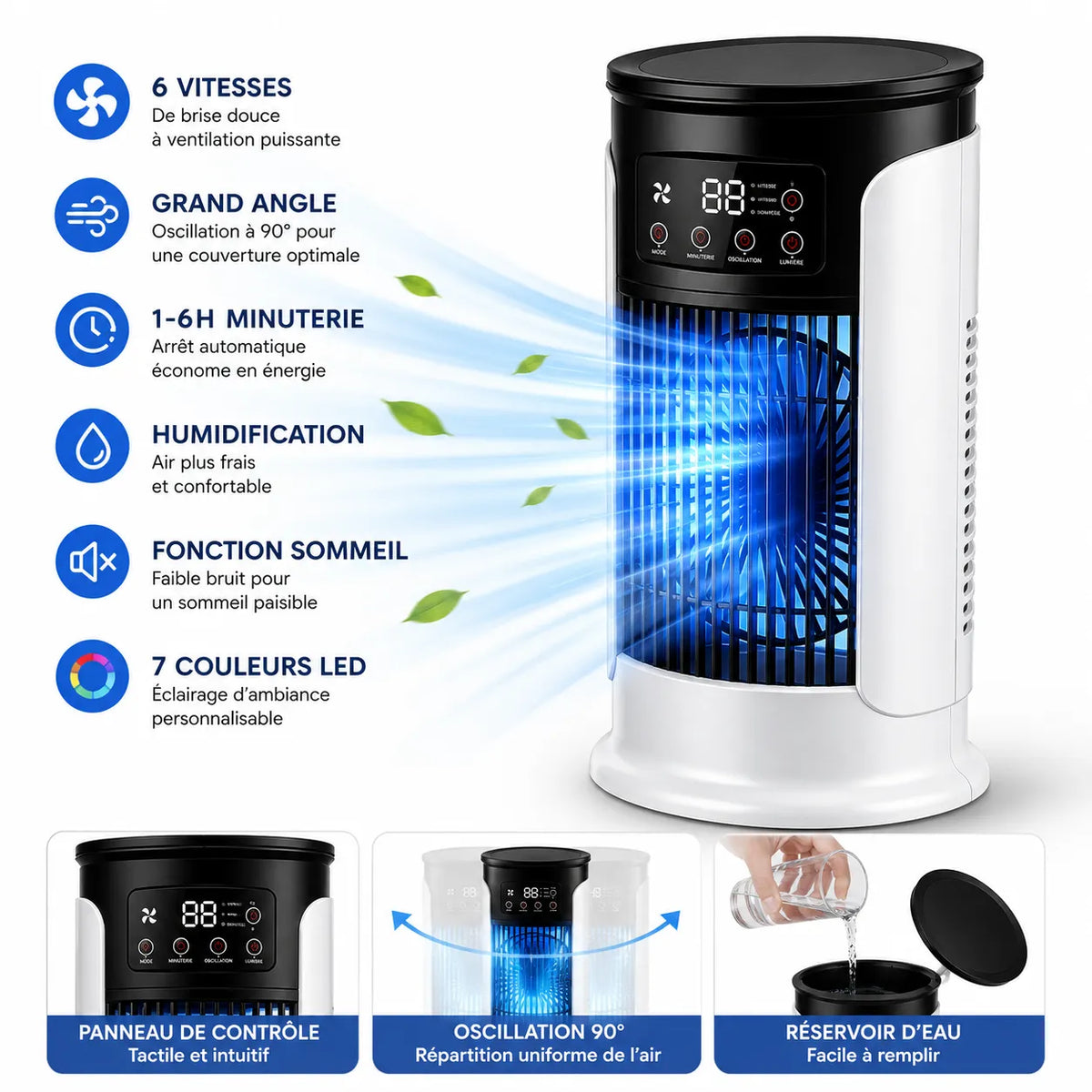 3-in-1 Portable Air Conditioner with Misting, 7-Color LED, and 6 Speeds