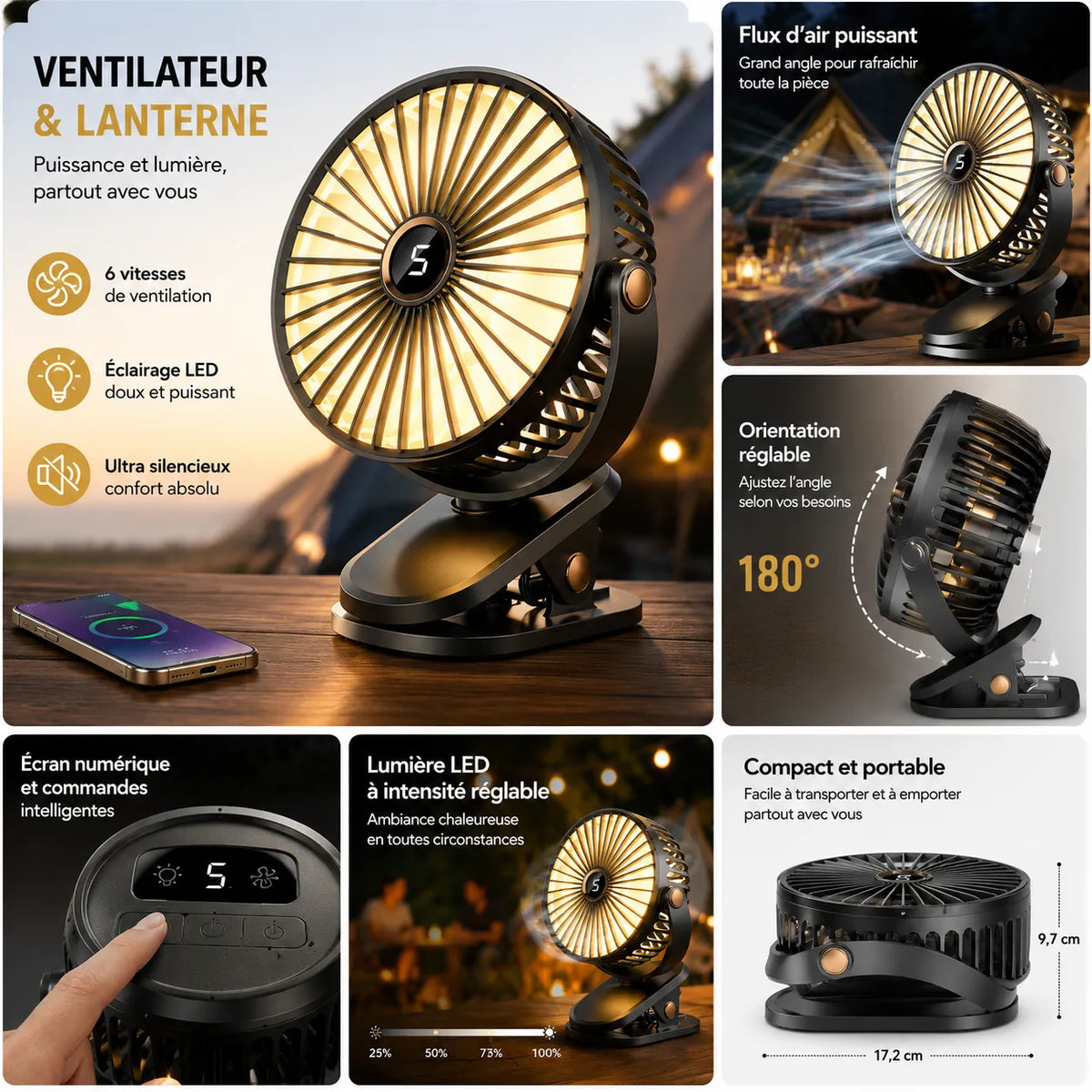 Rechargeable Cordless Clip-On Fan with LED and 8000 mAh Battery
