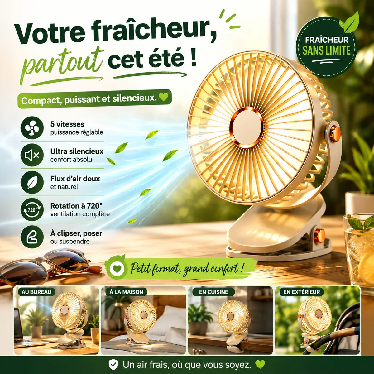 Rechargeable Cordless Clip-On Fan with LED and 8000 mAh Battery