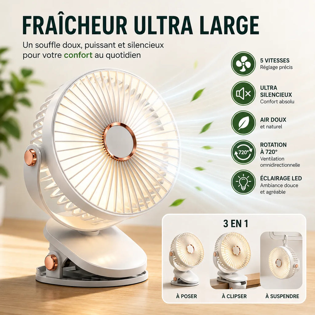 Rechargeable Cordless Clip-On Fan with LED and 8000 mAh Battery