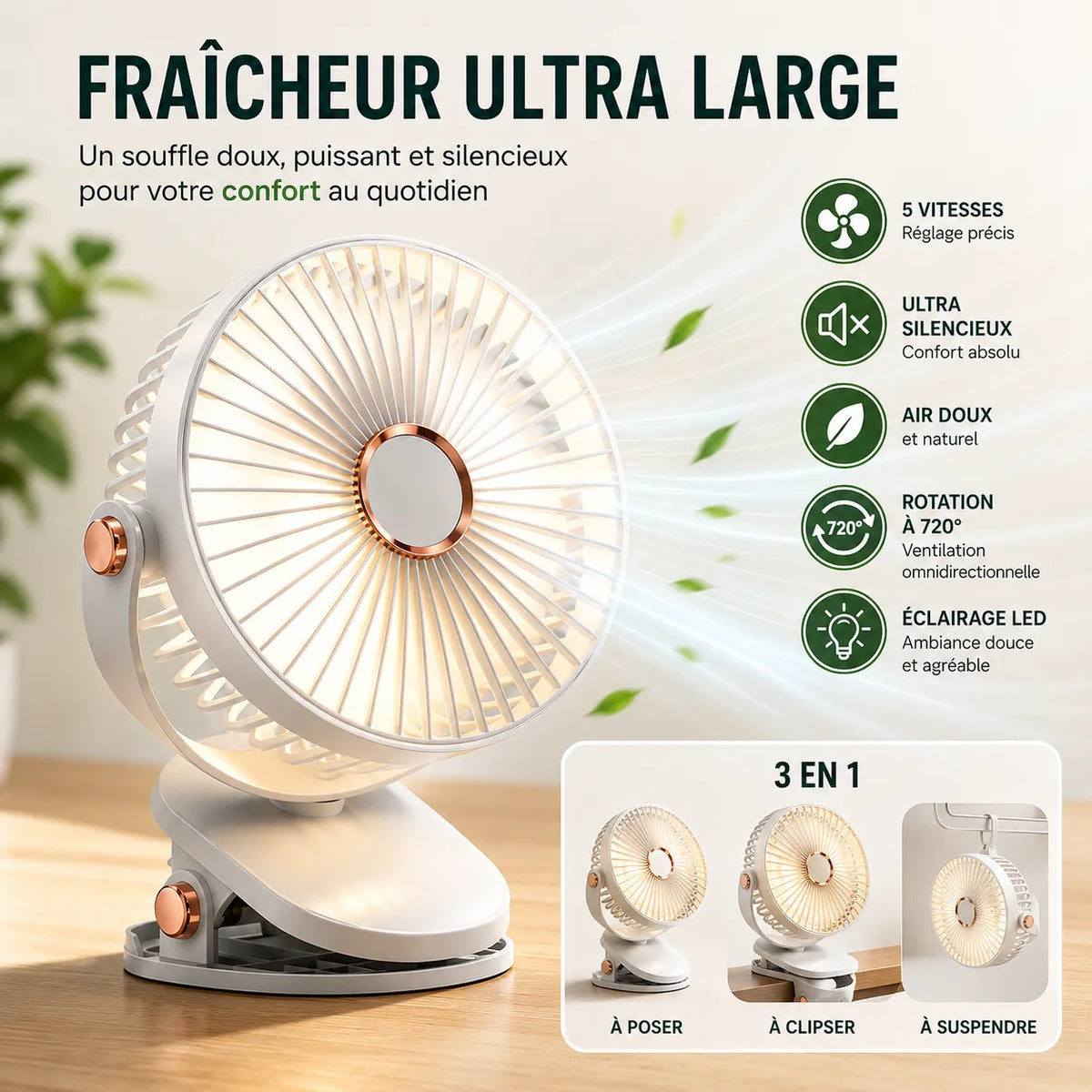 Rechargeable Cordless Clip-On Fan with LED and 8000 mAh Battery