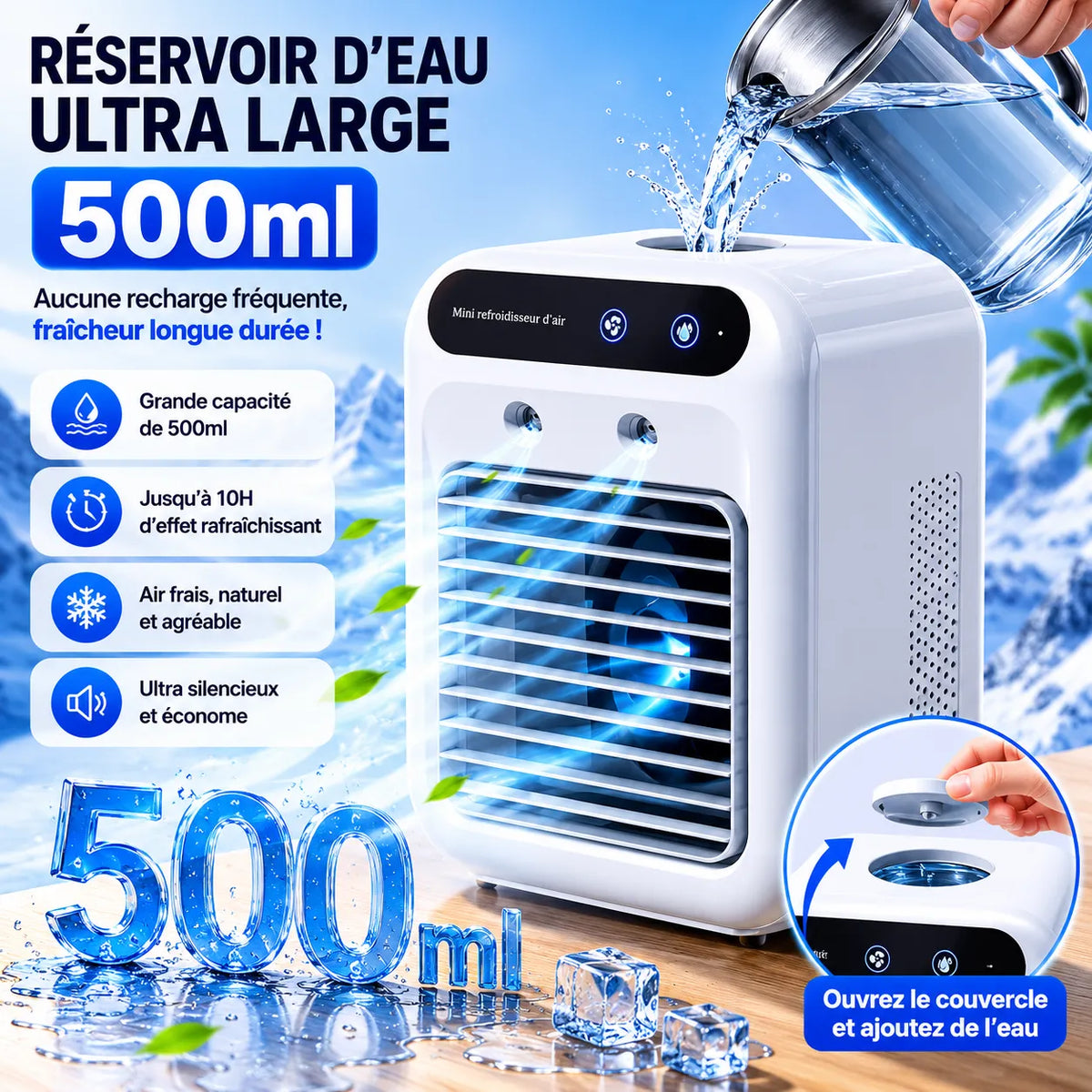 Portable USB Rechargeable Mini Air Conditioner with Misting, 500 ml Tank, and Dual Spray
