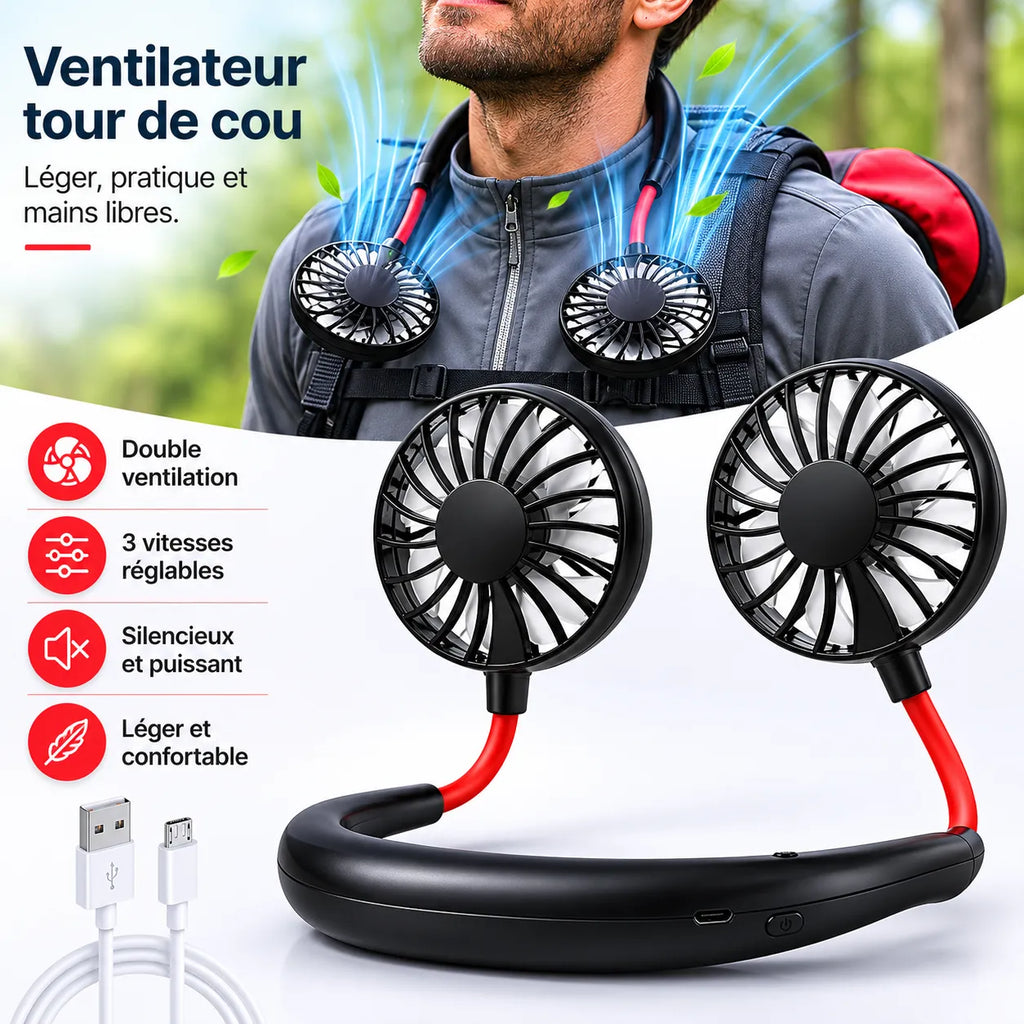 USB Rechargeable Personal Neck Fan with Dual Rotating Heads and 3 Speeds