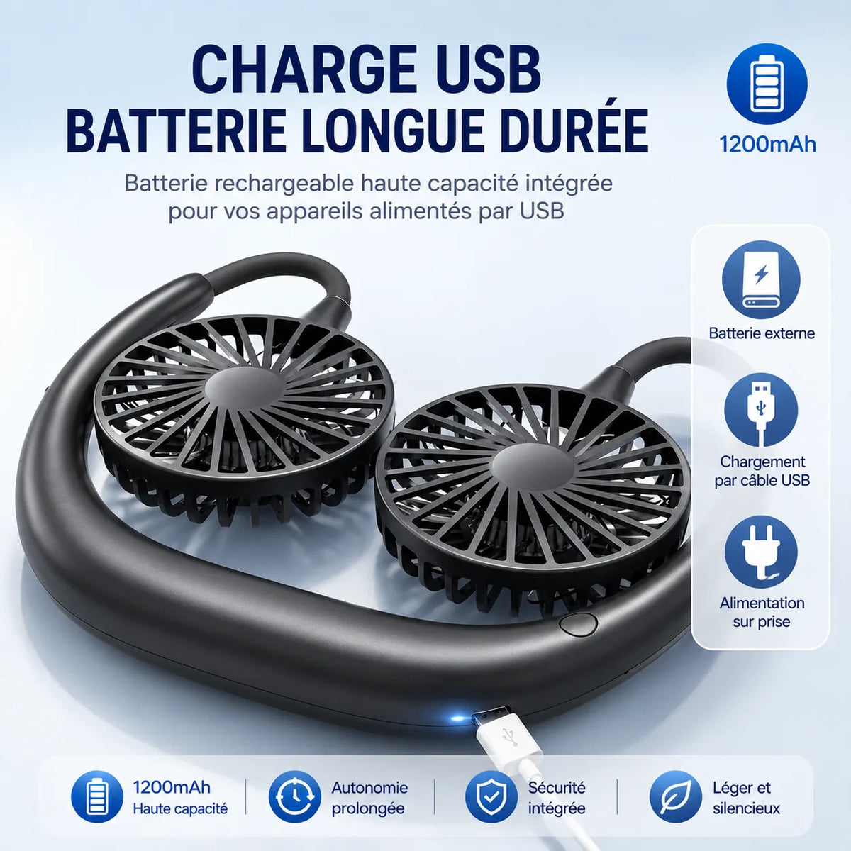 Ventilateur de Cou Rechargeable USB avec Double Tête Rotative et 3 Vitesses