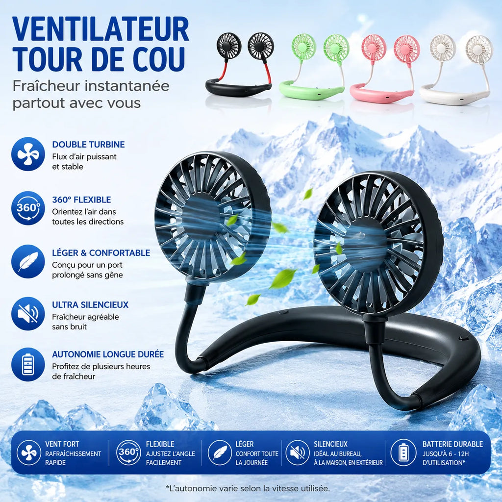 Ventilateur de Cou Rechargeable USB avec Double Tête Rotative et 3 Vitesses