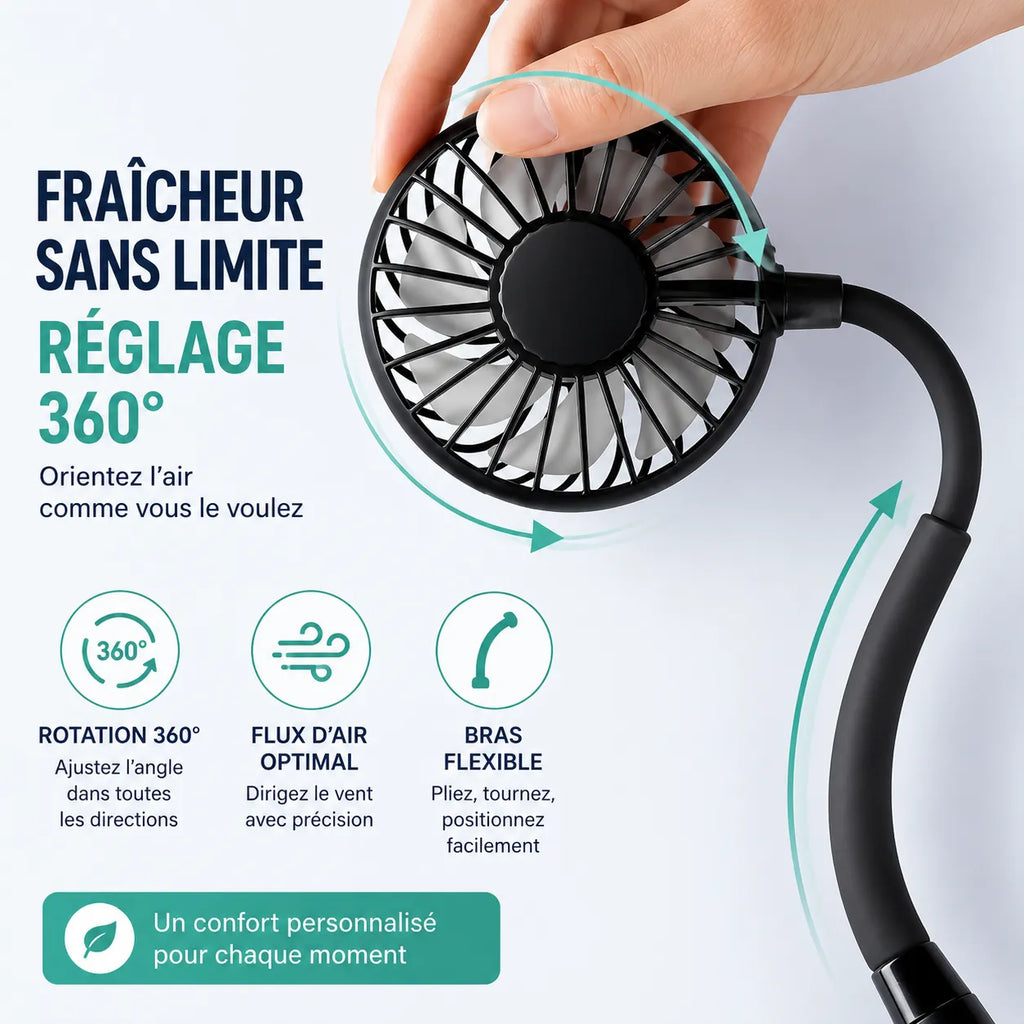 Ventilateur de Cou Rechargeable USB avec Double Tête Rotative et 3 Vitesses
