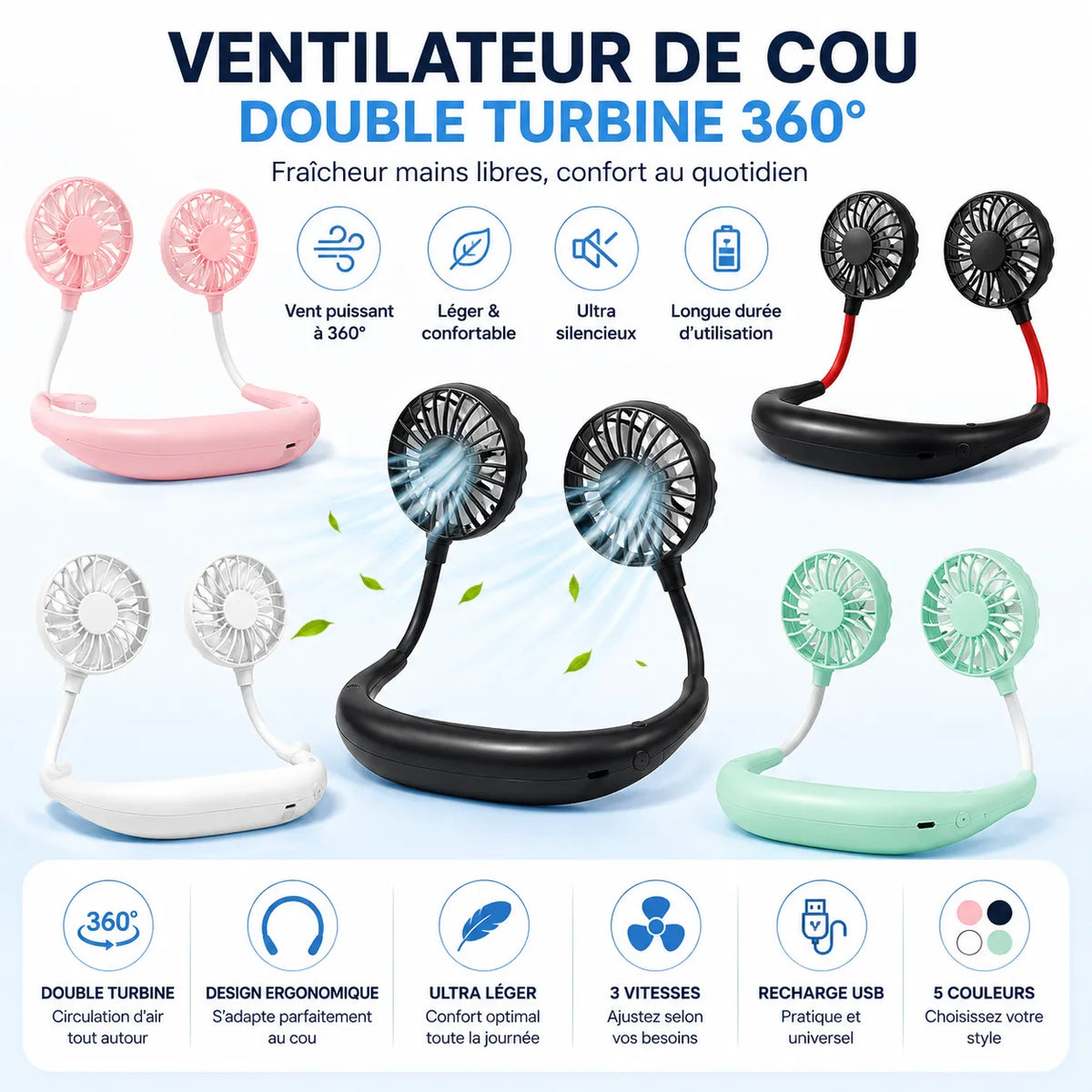 USB Rechargeable Personal Neck Fan with Dual Rotating Heads and 3 Speeds