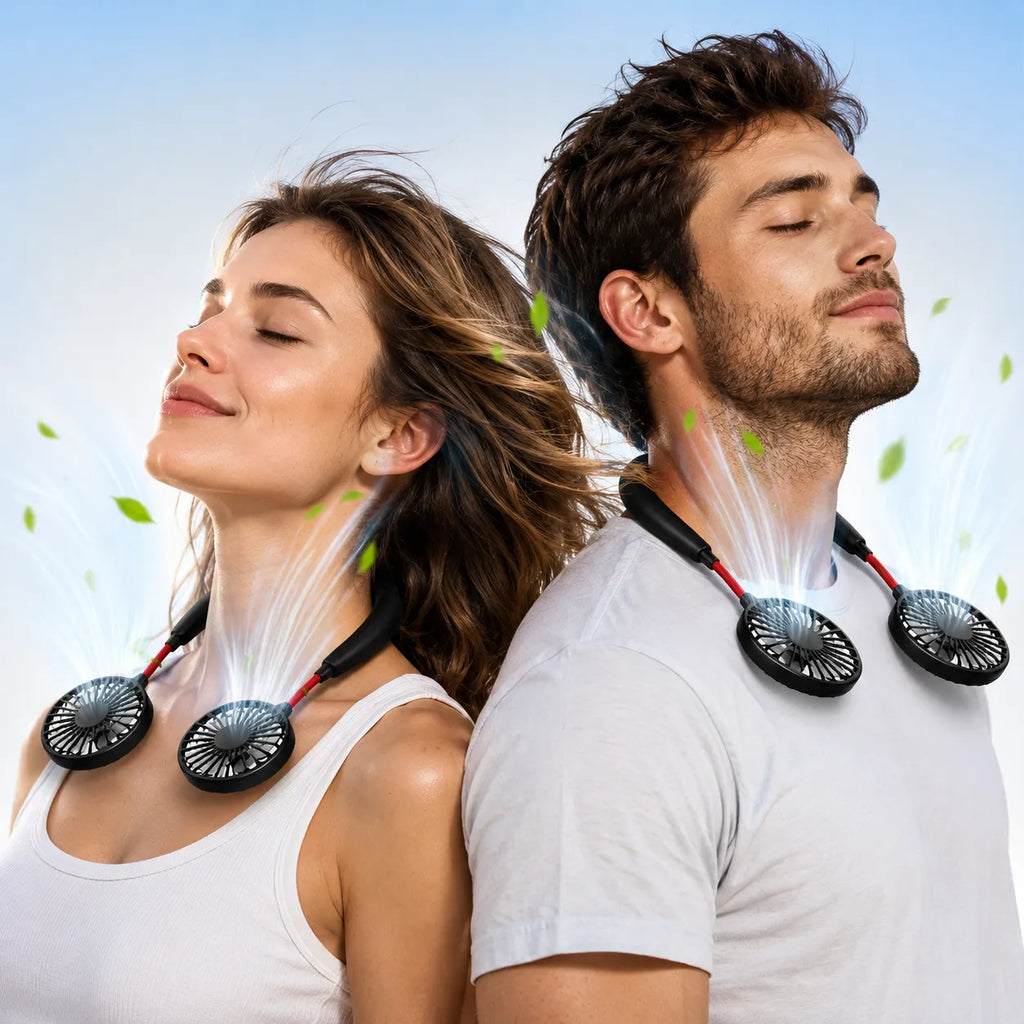 USB Rechargeable Personal Neck Fan with Dual Rotating Heads and 3 Speeds