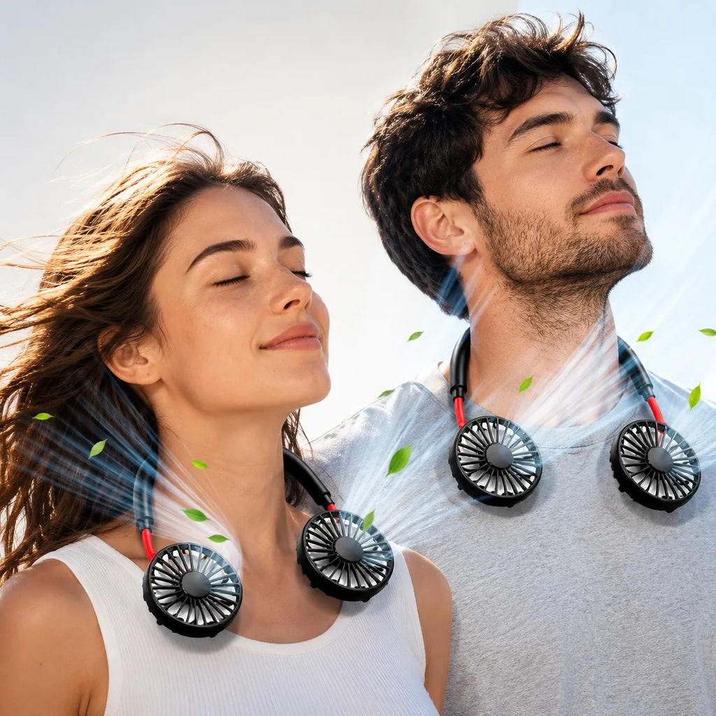 Ventilateur de Cou Rechargeable USB avec Double Tête Rotative et 3 Vitesses