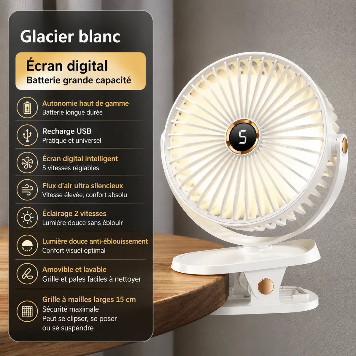 Rechargeable Cordless Clip-On Fan with LED and 8000 mAh Battery