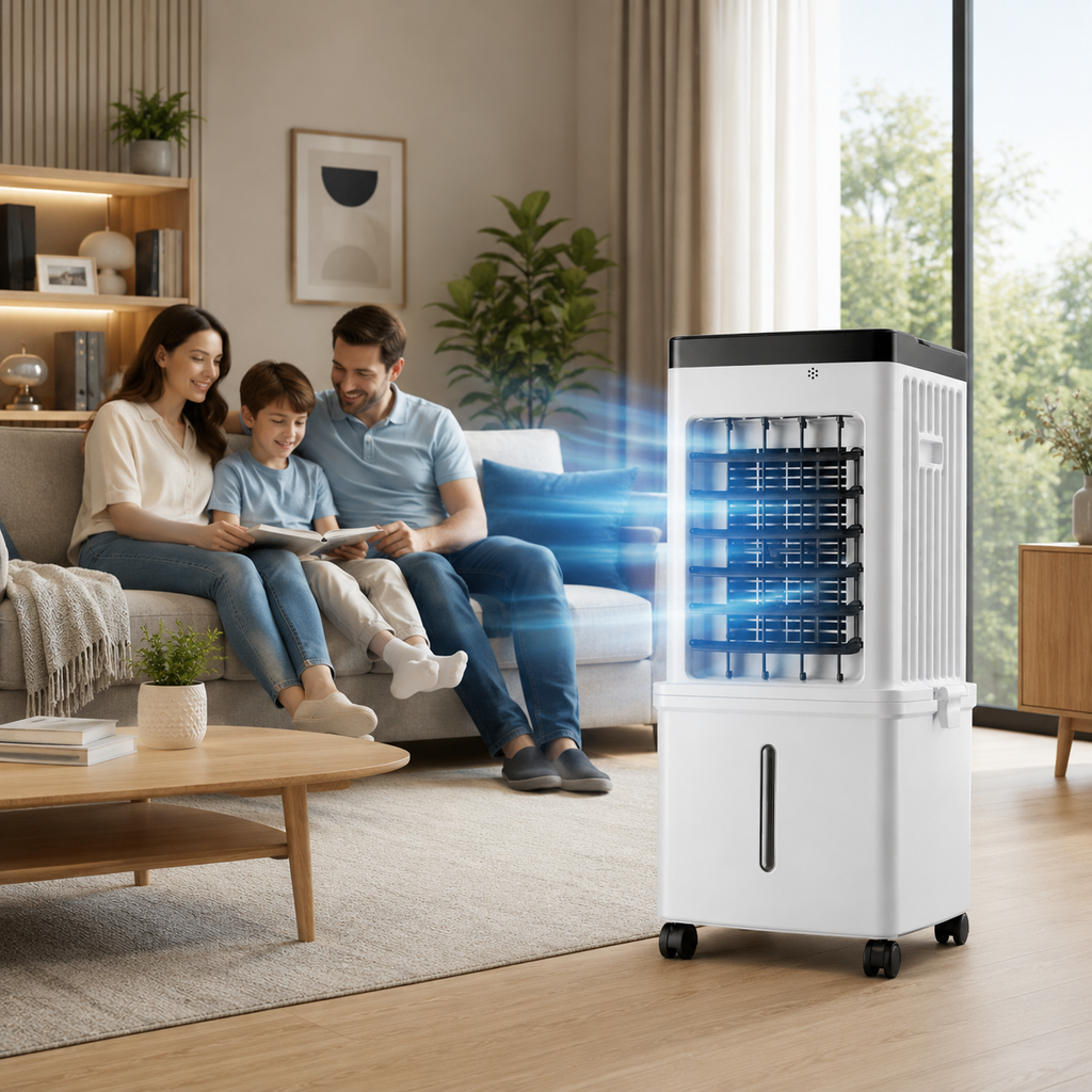 Rafraîchisseur d’Air Portable 3-en-1 avec Télécommande, Roulettes et Grand Réservoir d’Eau