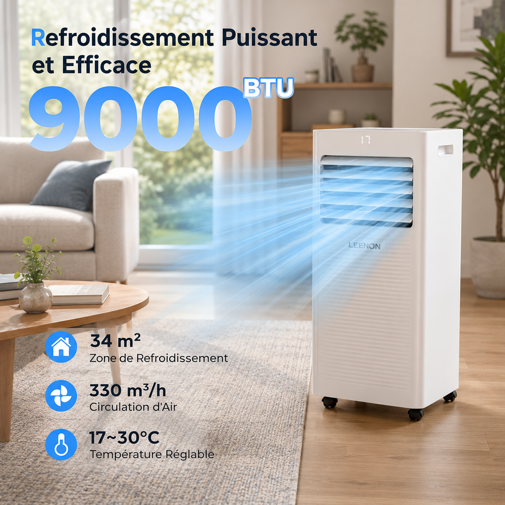 Climatiseur Portable 9000 BTU 3-en-1 avec Ventilation et Déshumidification