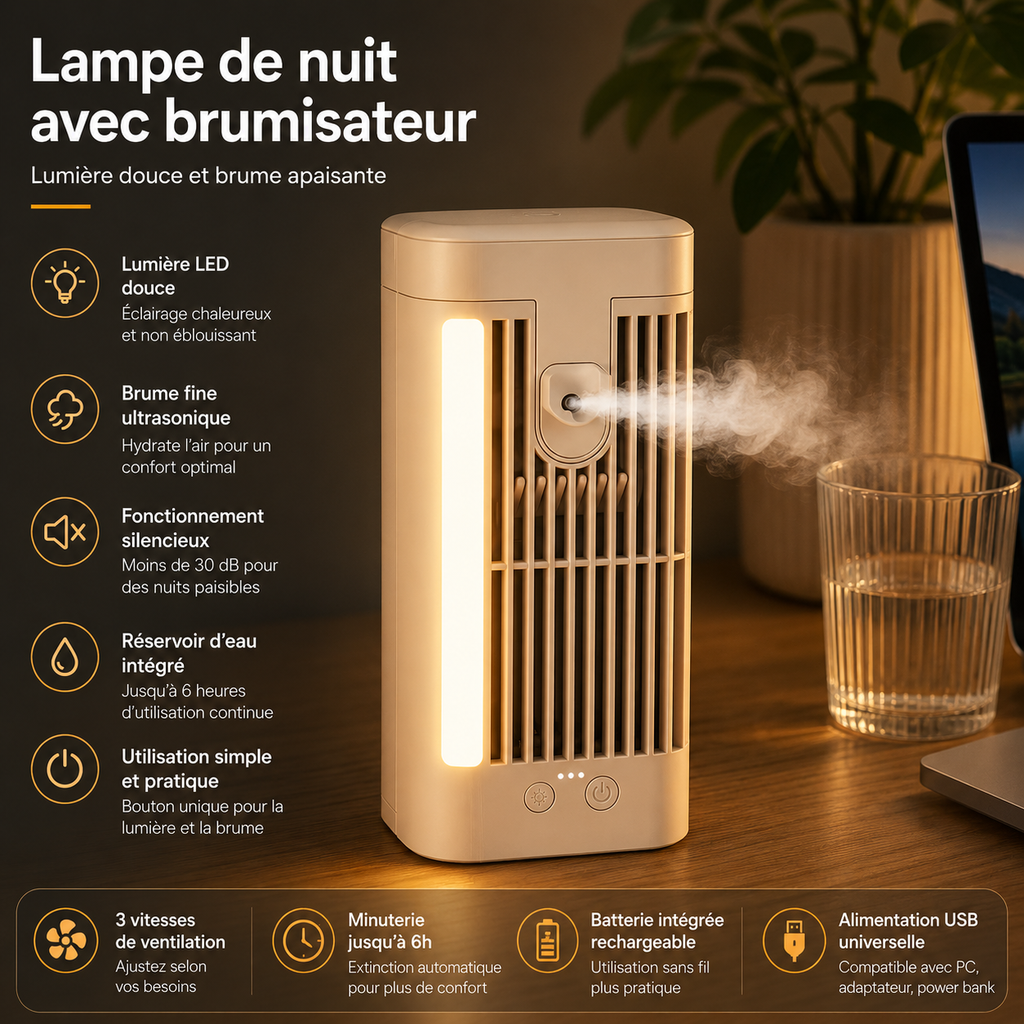 Mini Rafraîchisseur d’Air USB Compact avec Veilleuse LED et Refroidissement Personnel