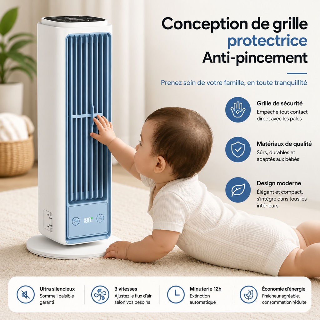 Ventilateur Tour Sans Lames à Flux d’Air Silencieux et Diffusion Uniforme