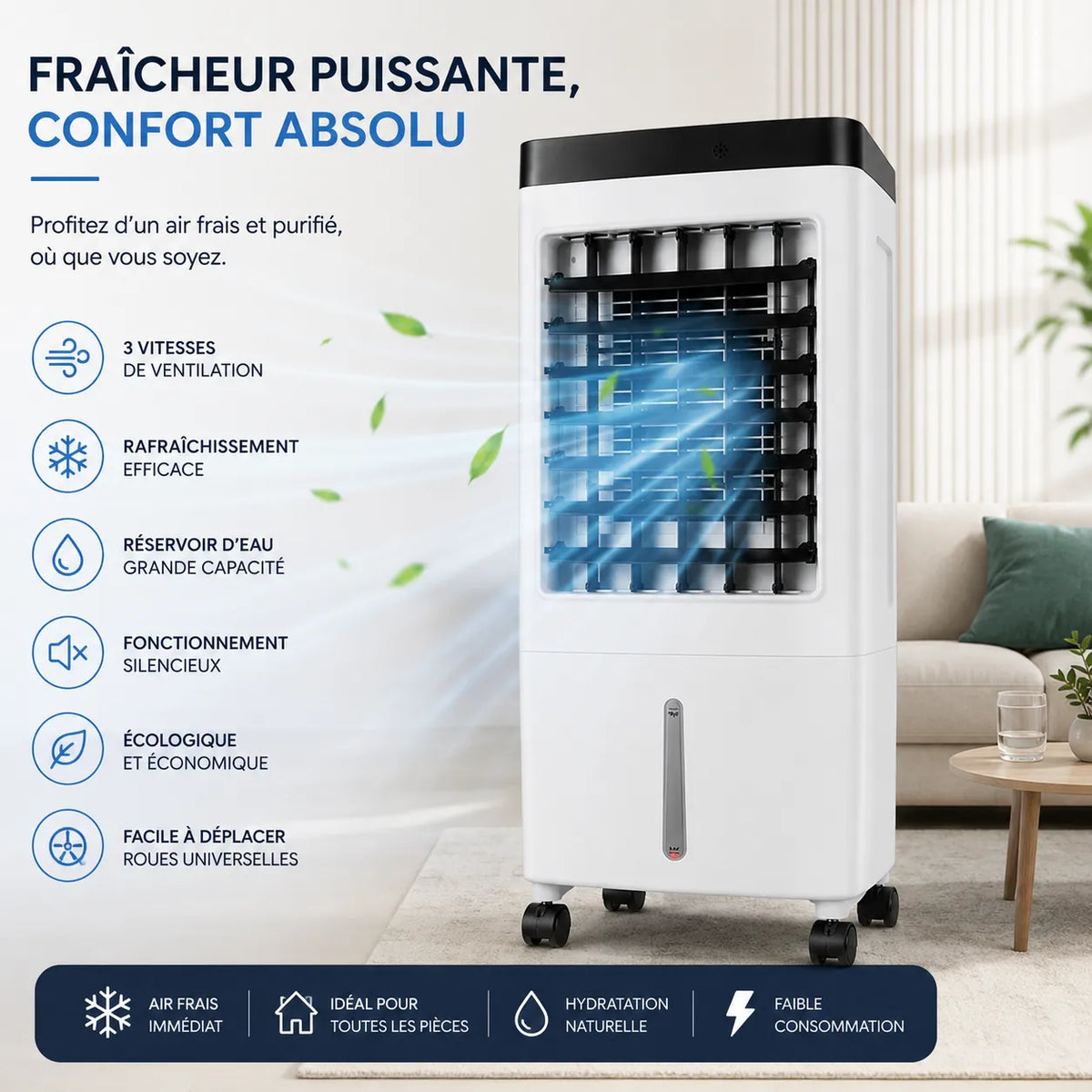 Rafraîchisseur d’Air Portable 10 L avec Télécommande et 3 Vitesses