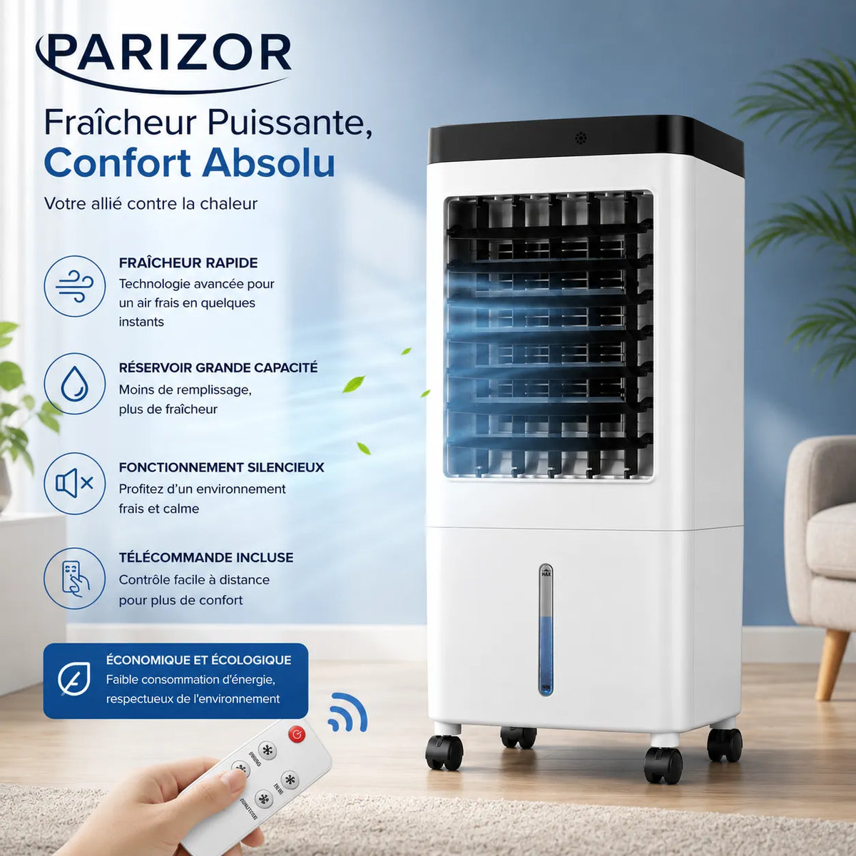 Rafraîchisseur d’Air Portable 10 L avec Télécommande et 3 Vitesses