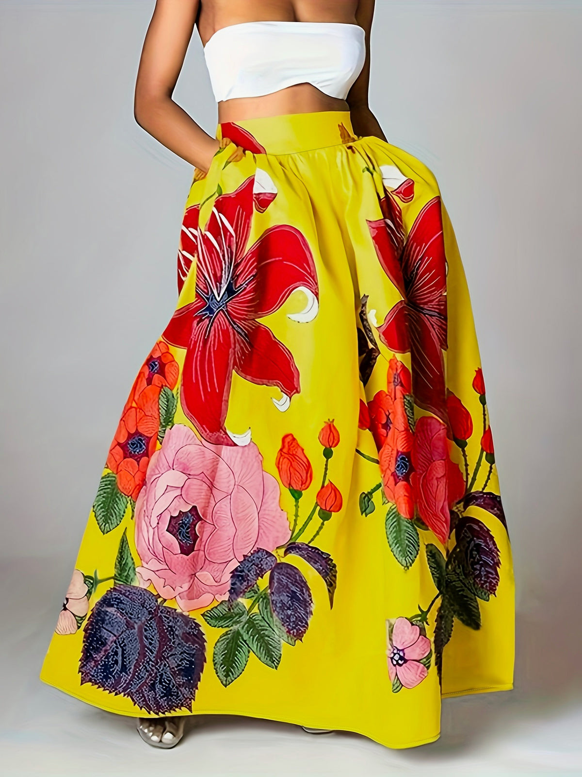 Jupe maxi femme coton mélange coupe évasée florale