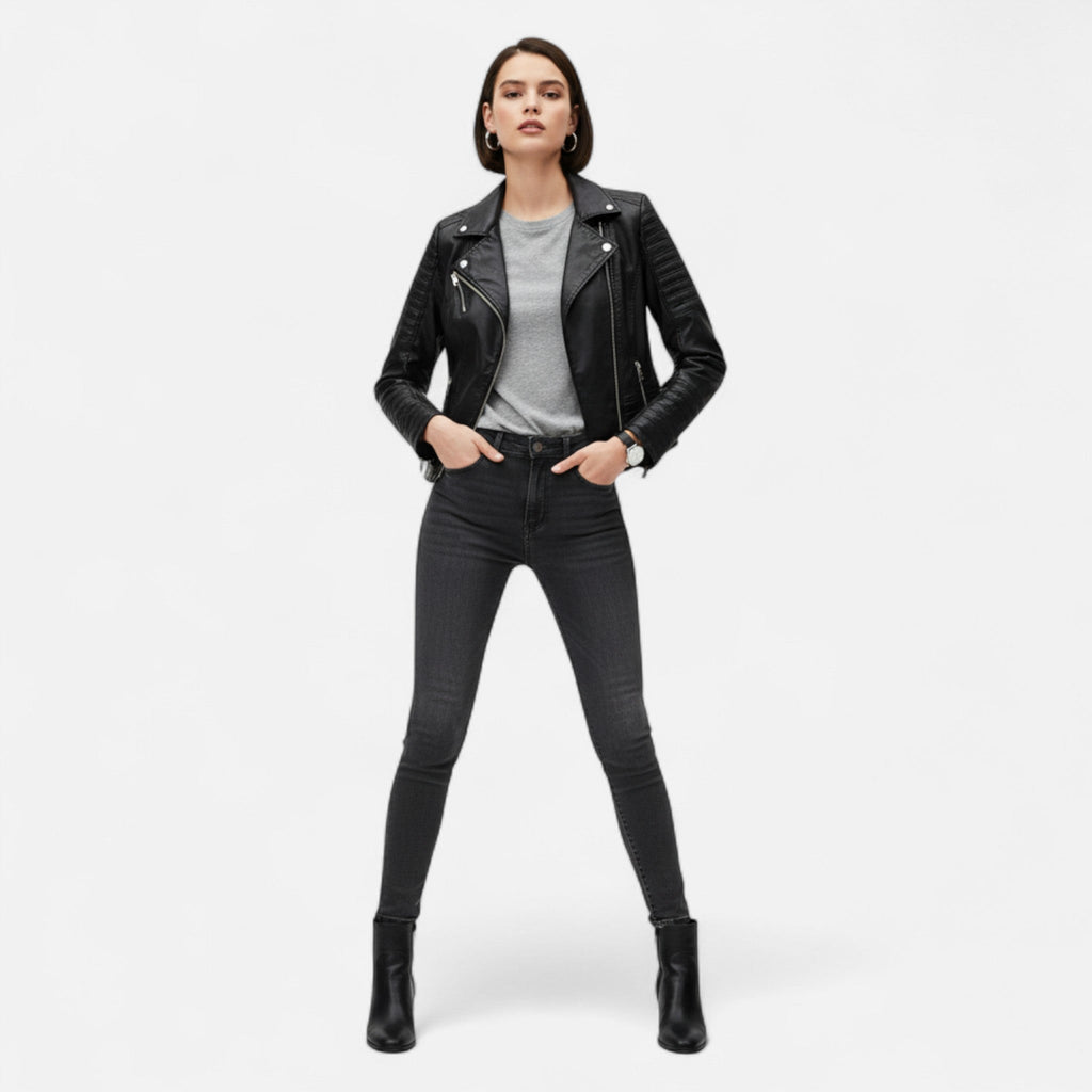 Ancienne Monde | Blouson Femme en Cuir Véritable Style Motard Élégant