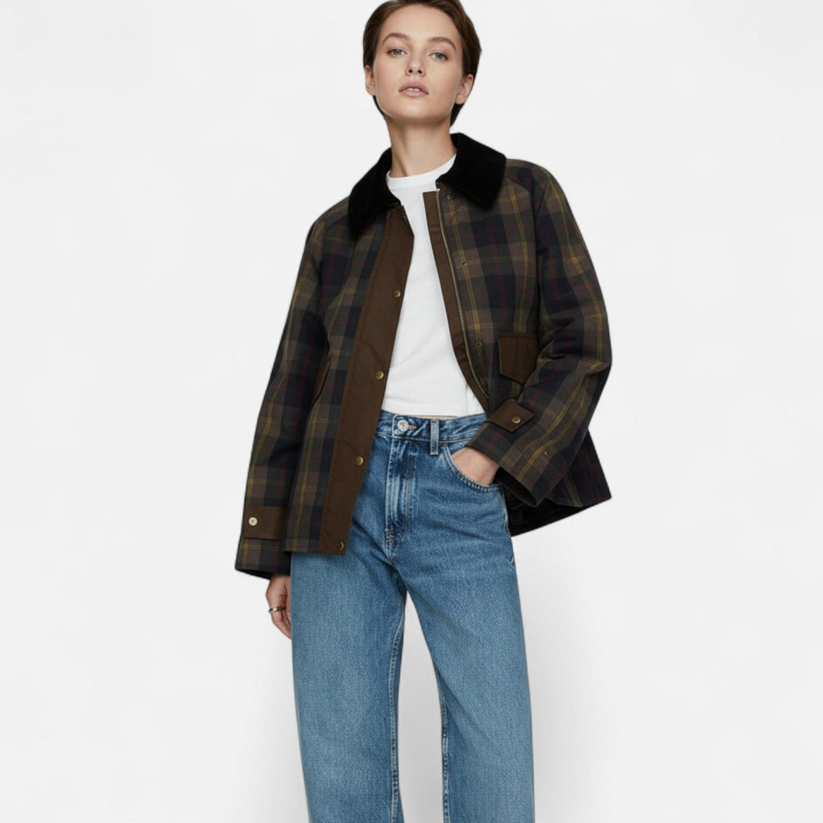Ancienne Monde | Veste à Carreaux pour Femme – Col en Fausse Fourrure Douce