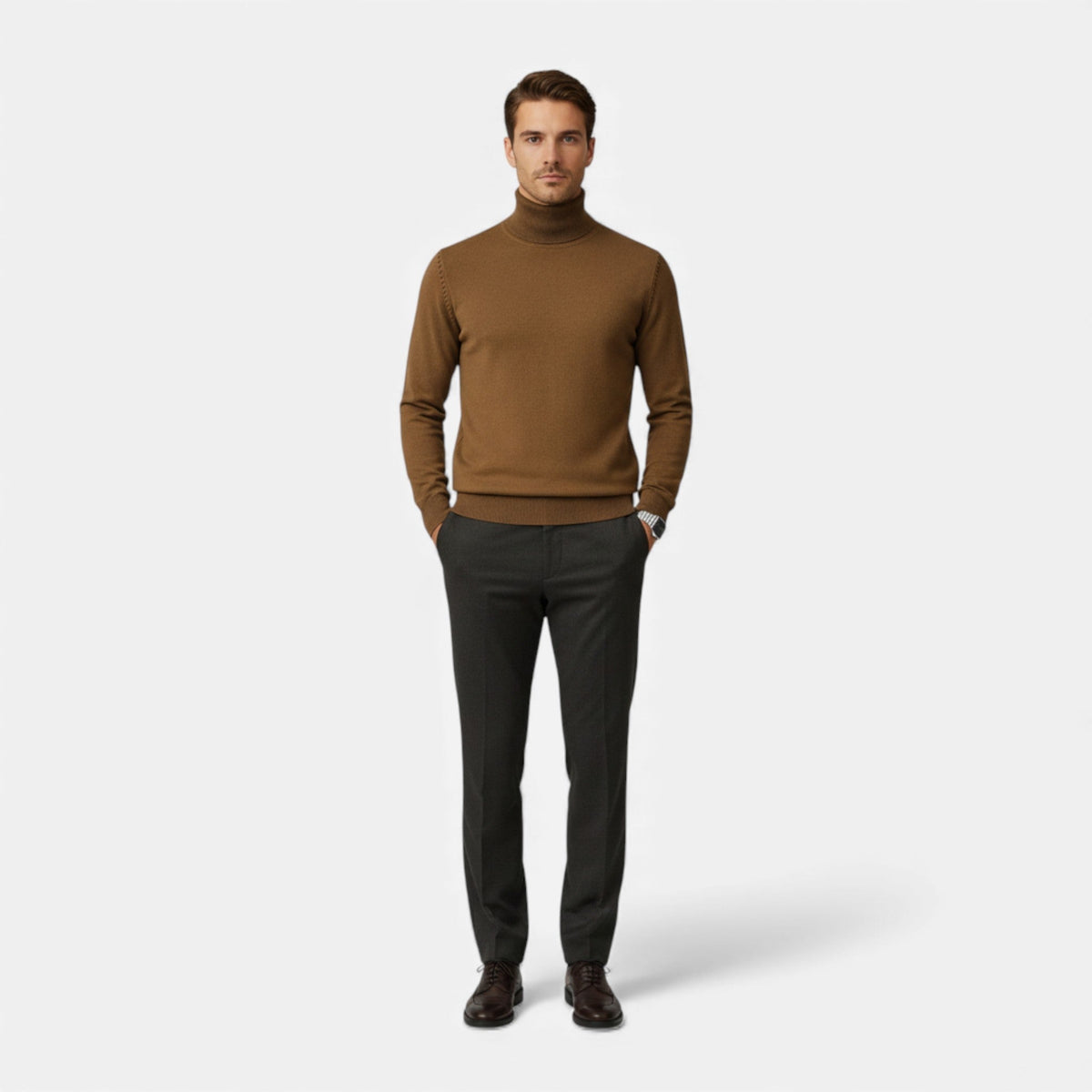 Pull en Acrylique Homme – Col Roulé et Bords Côtelés Coupe Ajustée