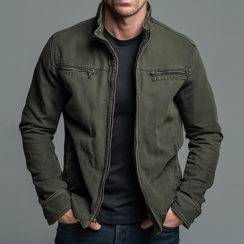 Veste Homme – Col Montant et Fermeture Zippée au Style Vintage Fonctionnel