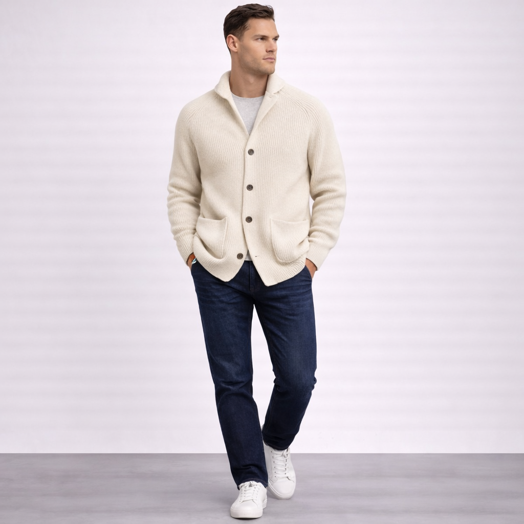 Cardigan en Laine Homme – Col Châle Maille Côtelée Coupe Intemporelle