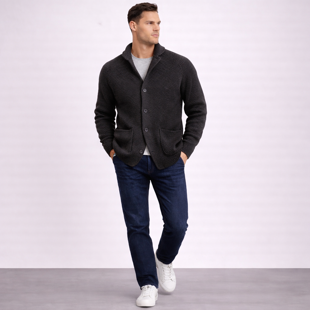 Cardigan en Laine Homme – Col Châle Maille Côtelée Coupe Intemporelle