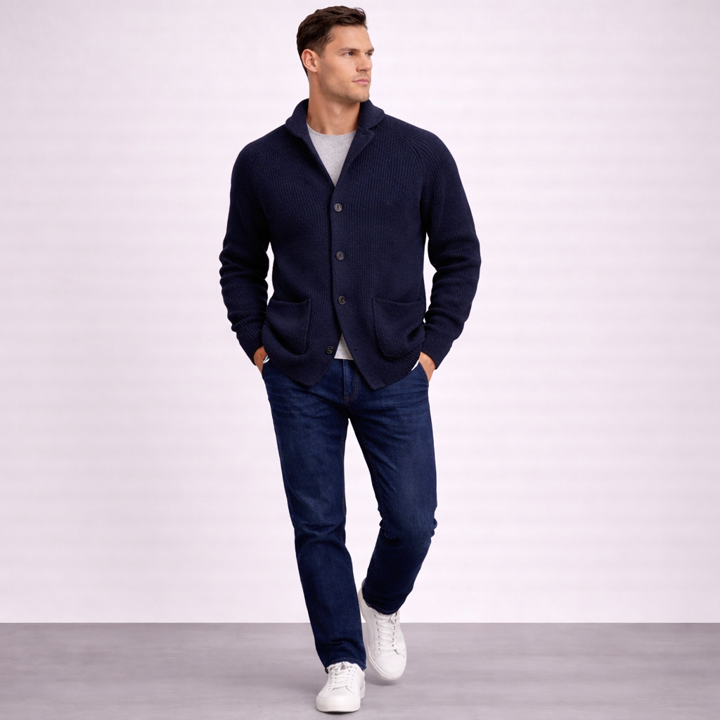 Cardigan en Laine Homme – Col Châle Maille Côtelée Coupe Intemporelle