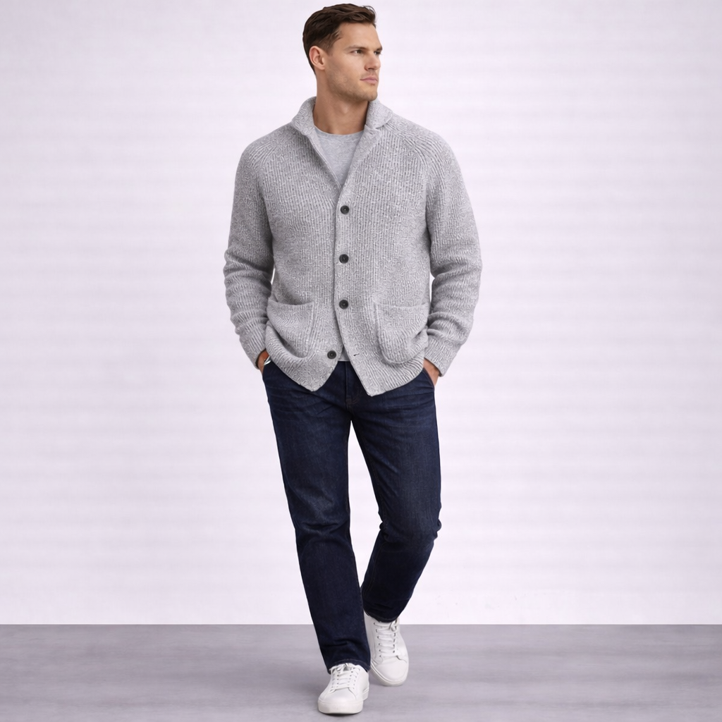 Cardigan en Laine Homme – Col Châle Maille Côtelée Coupe Intemporelle