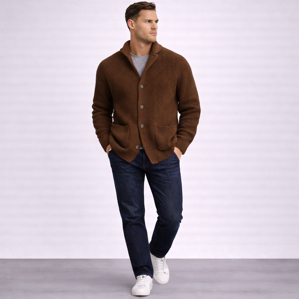 Cardigan en Laine Homme – Col Châle Maille Côtelée Coupe Intemporelle
