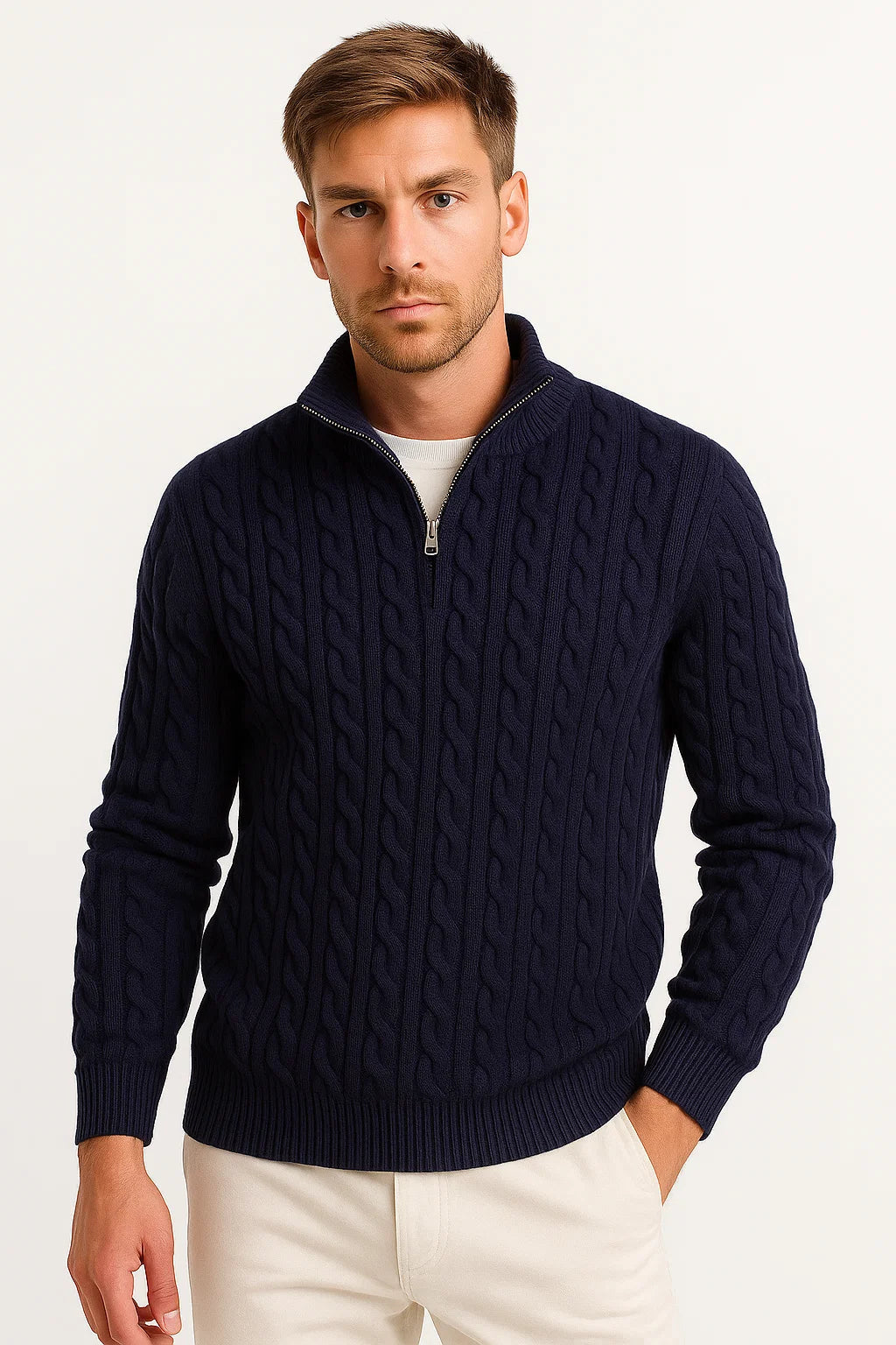 Pull Homme – Motif Torsadé Col Zippé Coupe Classique Intemporelle