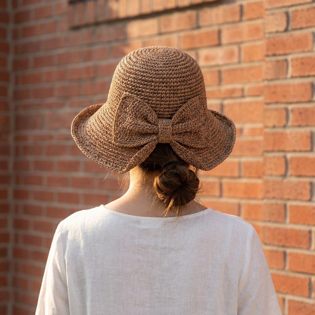 Chapeau de paille à grand bord femme - ruban avec nœud - accessoire voyage soleil