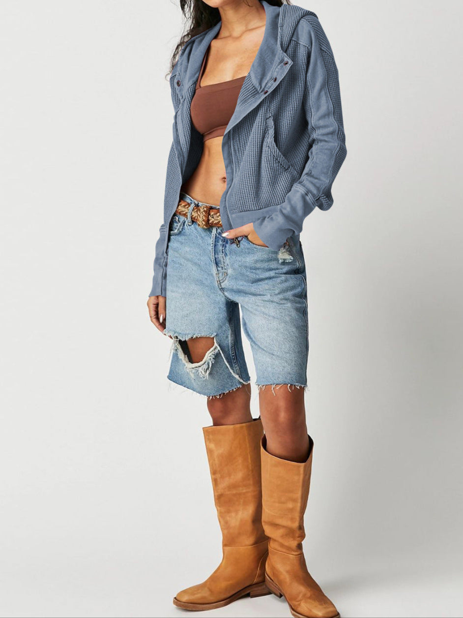 Sweat à Capuche Zippé Coton Femme – Coupe Crop Tricot Gaufré Style Actuel