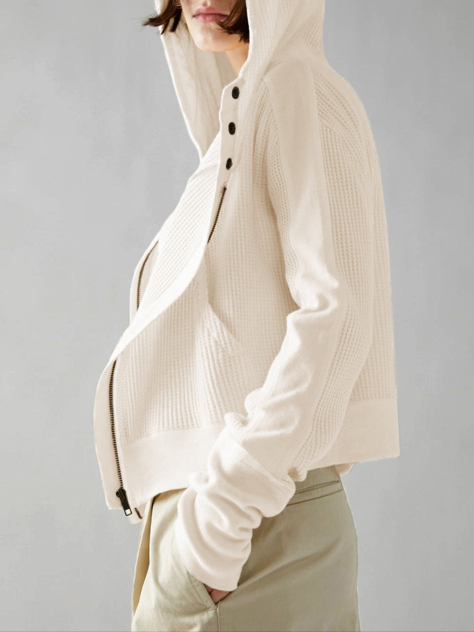 Sweat à Capuche Zippé Coton Femme – Coupe Crop Tricot Gaufré Style Actuel