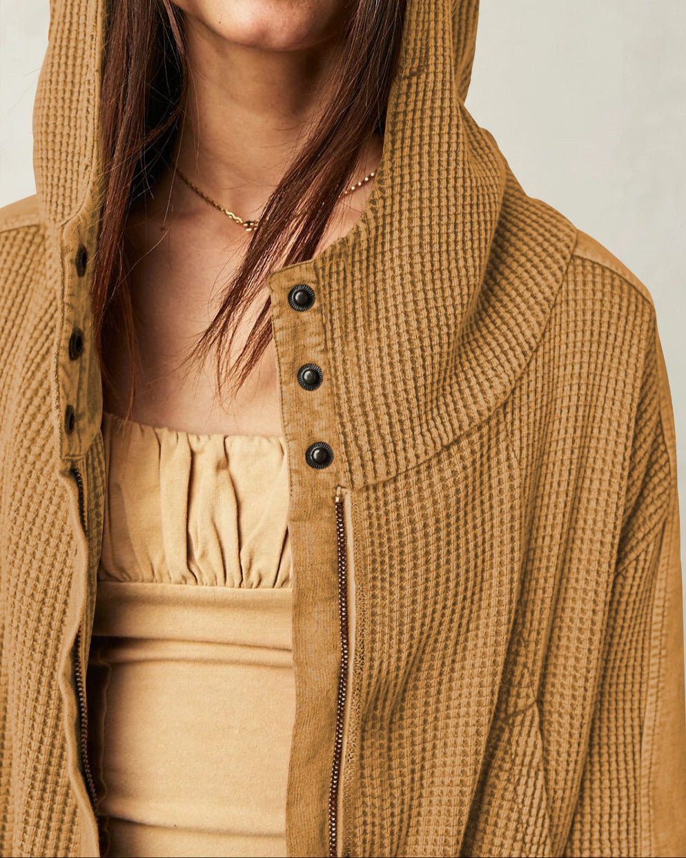 Sweat à Capuche Zippé Coton Femme – Coupe Crop Tricot Gaufré Style Actuel